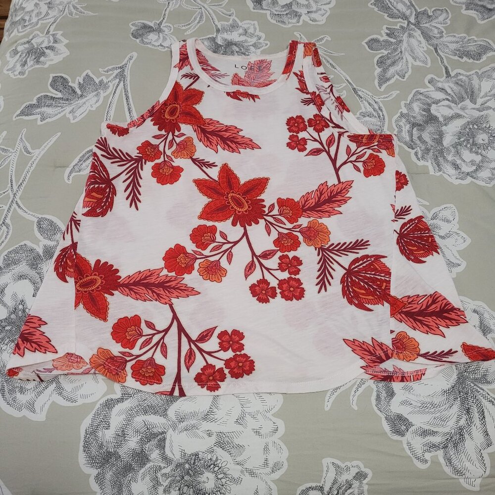 LOFT White w/Red Print Cotton Tank Shirt Size Medium EUC
